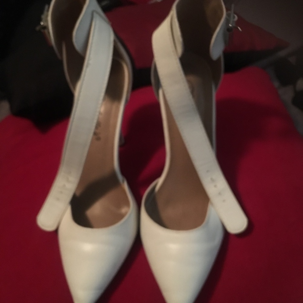 White ankle strap heels